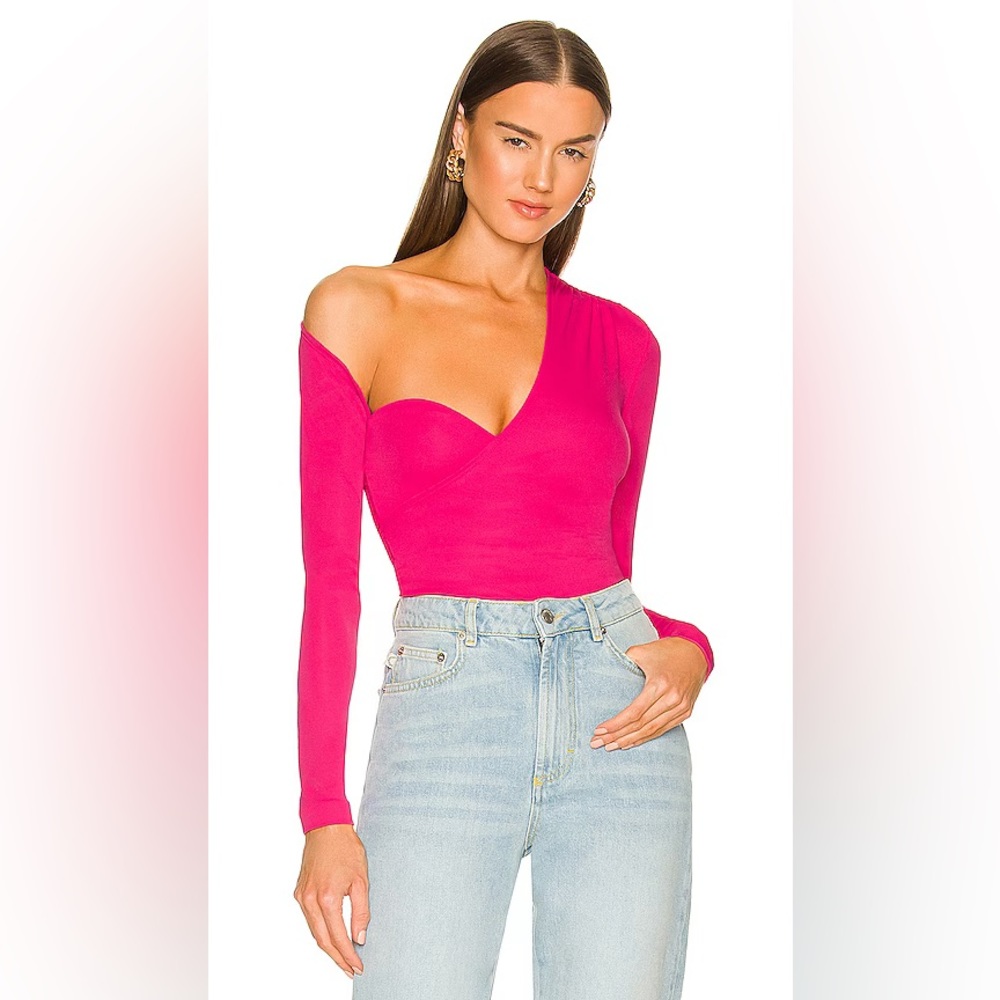 NBD Hot Pink One-Shoulder Long Sleeve Bodysuit